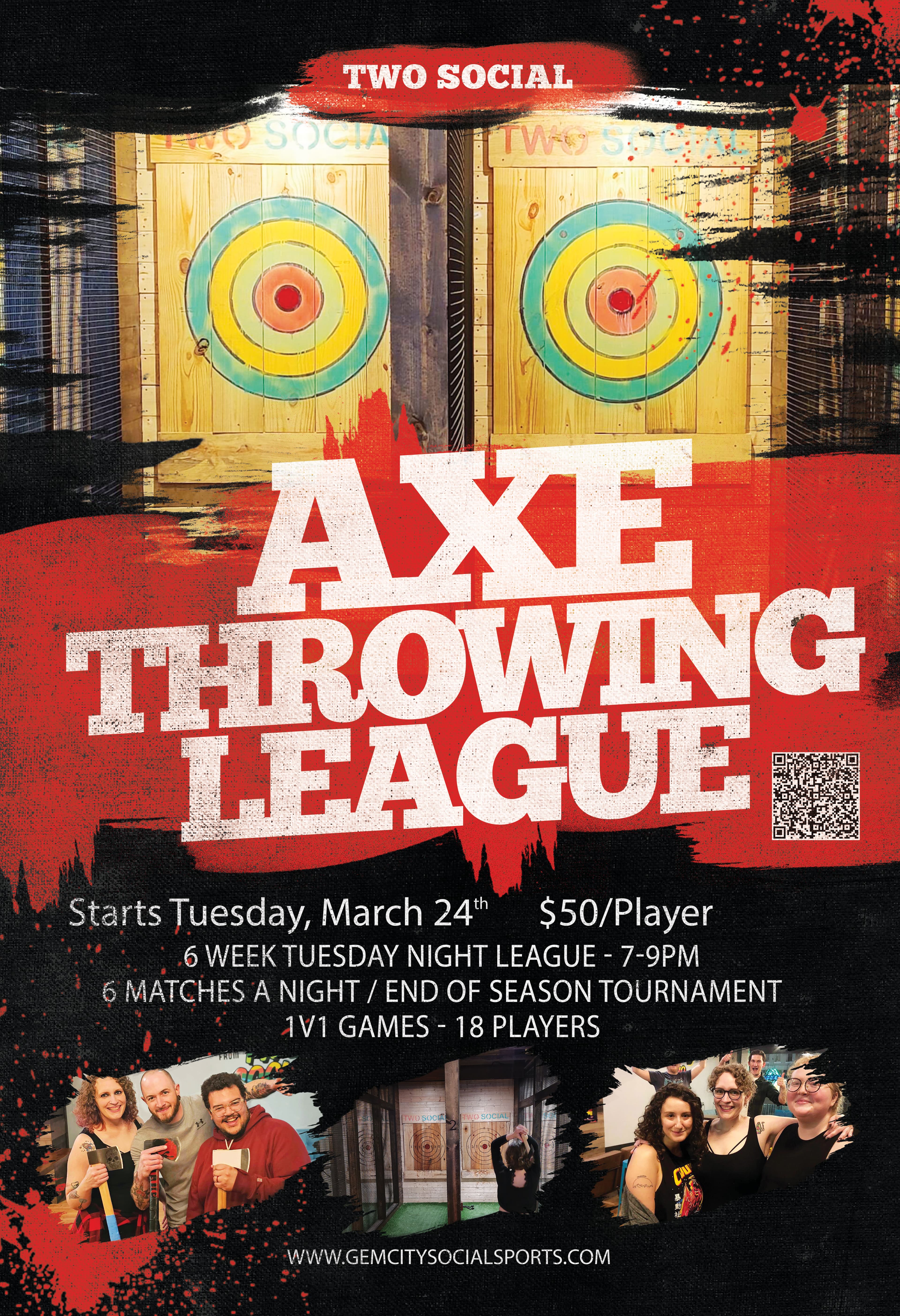 Social Axe Throwing League flyer for March 24, 2026 start