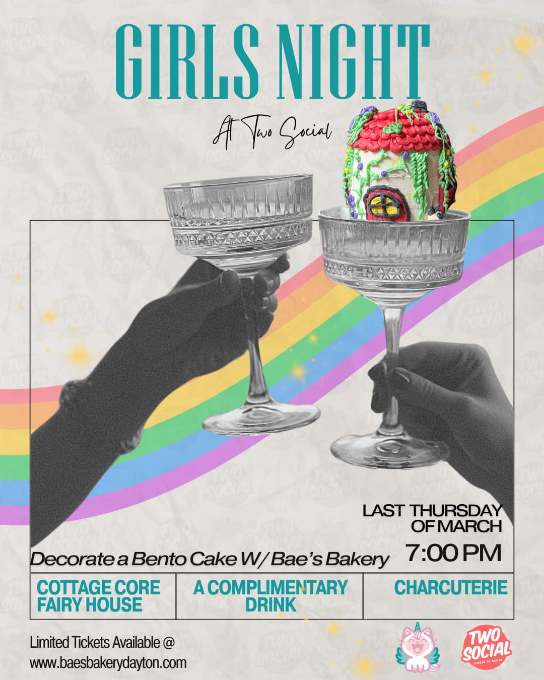 Girls Night at Two Social — Bae's Bakery event flyer showing cottage core bento cake decorating, complimentary drink, and charcuterie