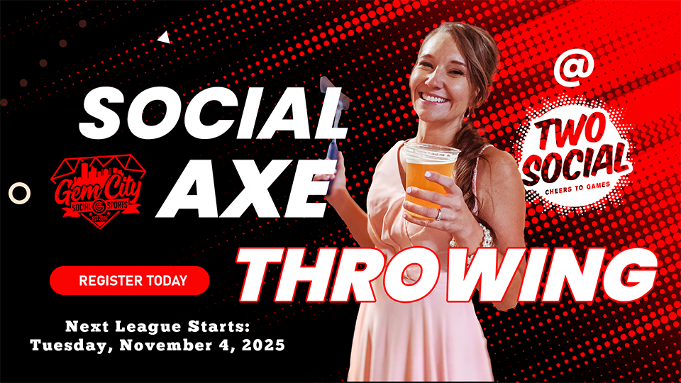 Social Axe Throwing League Flyer | Gem City Social Sports x Two Social Dayton Promotional flyer for Gem City Social Sports’ Adult Social Axe Throwing League at Two Social in Dayton, Ohio. Features a smiling woman holding a beer and axe, red and black background, and bold text announcing the next league starting Tuesday, November 4, 2025.