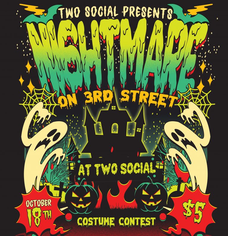 Vertical Halloween party poster for Two Social’s Nightmare on 3rd Street in Dayton, Ohio, featuring spooky ghosts, pumpkins, a haunted house, and dripping neon green text announcing the October 18th costume contest and $5 tickets.