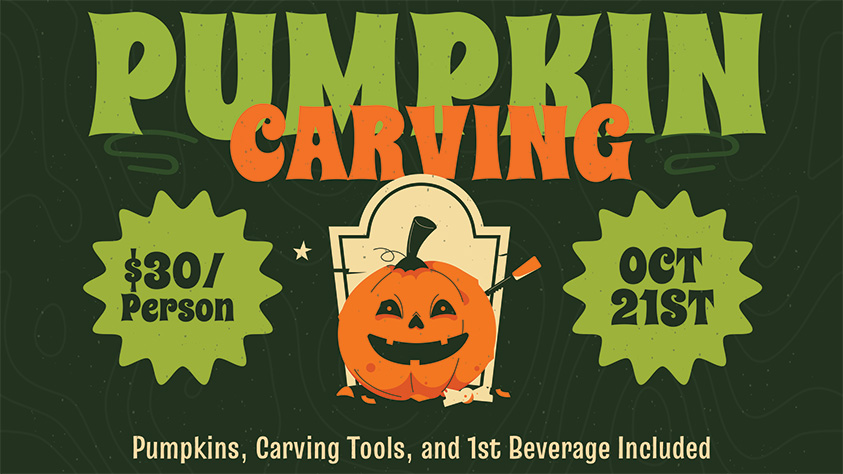 Retro Halloween event flyer for Two Social’s Carve and Sip pumpkin carving night on October 21st, featuring an illustrated jack-o’-lantern with carving tools and text promoting $30 per person with pumpkins, carving tools, and first beverage included.
